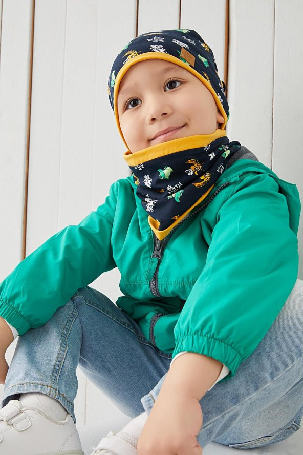 Lacivert-Sarı Figürlü Erkek Çocuk Bebek Bere Boyunluk Takım %100 Pamuklu penye çift katlı rahat yumuşak - 6