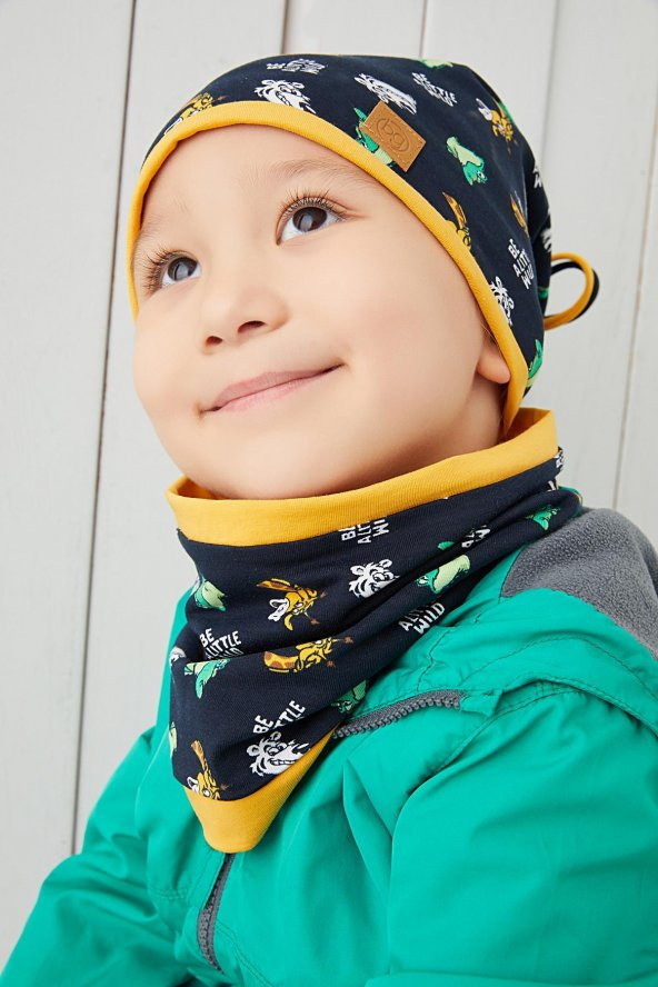 Lacivert-Sarı Figürlü Erkek Çocuk Bebek Bere Boyunluk Takım %100 Pamuklu penye çift katlı rahat yumuşak - 7