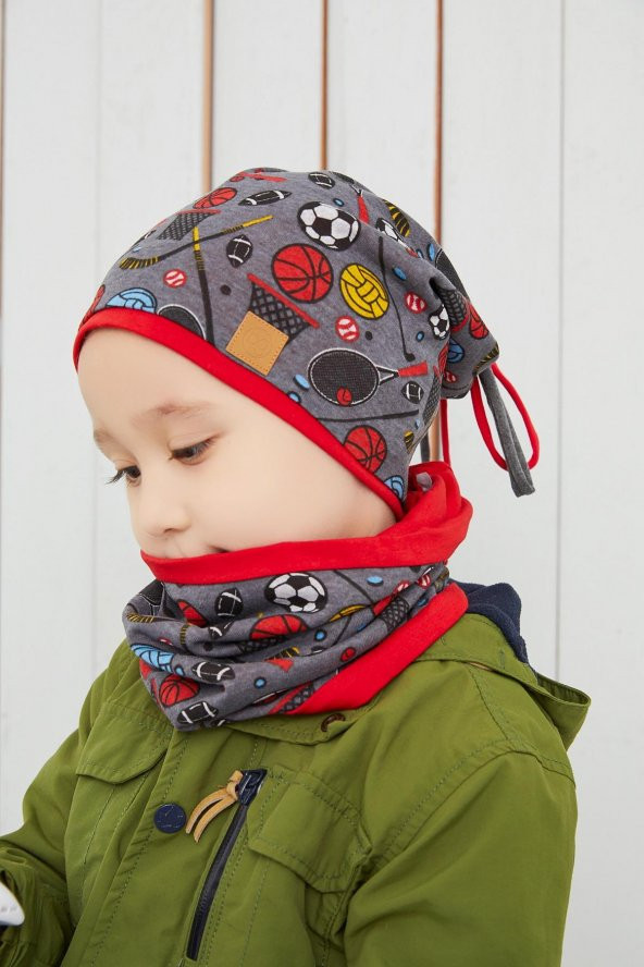 Füme Kırmızı Erkek Çocuk Spor  Bere boyunluk Set yumuşak çift katlı %100 doğal pamuklu penye - 2