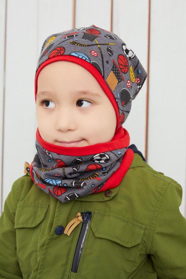 Füme Kırmızı Erkek Çocuk Spor  Bere boyunluk Set yumuşak çift katlı %100 doğal pamuklu penye - 3