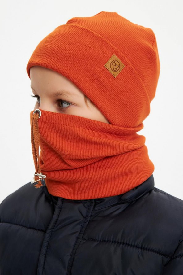 Kiremit Erkek Bebek Çocuk Trend Style Şapka Bere Boyunluk Takım Rahat %100 Pamuklu Kaşkorse - 4