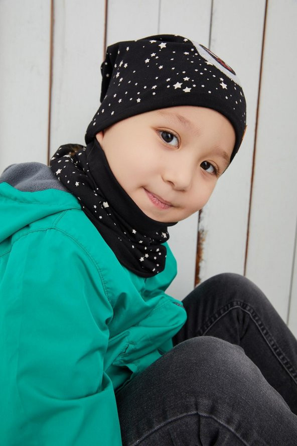 Siyah Beyaz %100 Pamuklu Doğal yumuşak çift katlı Penye Spiderman Çocuk Bebek Bere Boyunluk Set - 2