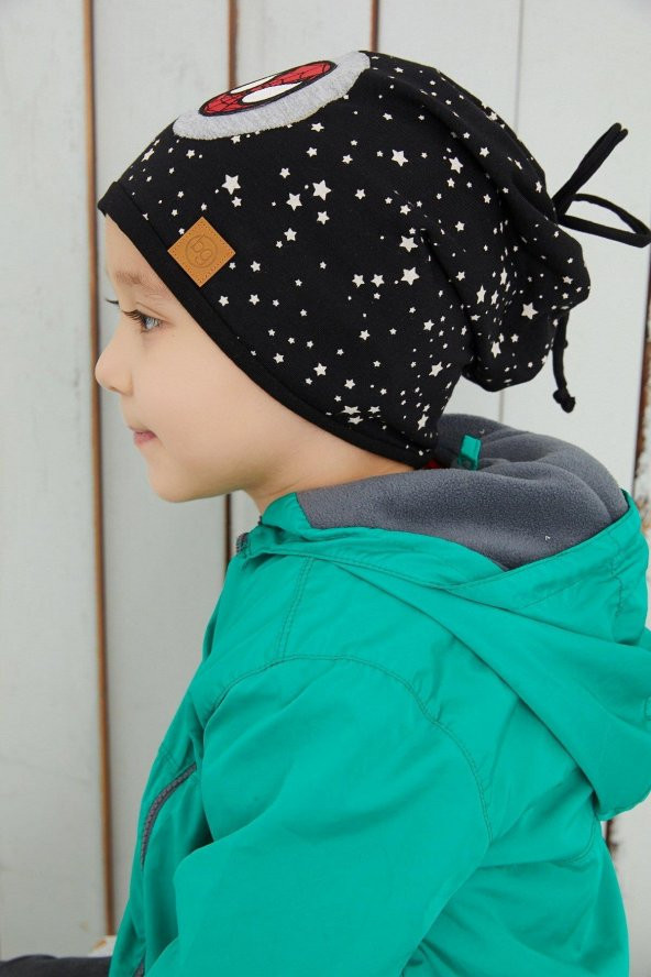 Siyah Beyaz %100 Pamuklu Doğal yumuşak çift katlı Penye Spiderman Çocuk Bebek Bere Boyunluk Set - 5