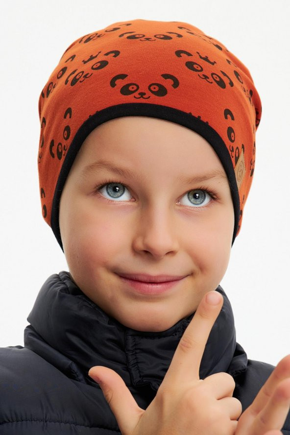 Kiremit Erkek Çocuk Panda Desenli  Şapka Bere yumuşak çift katlı %100 doğal pamuklu penye - 5
