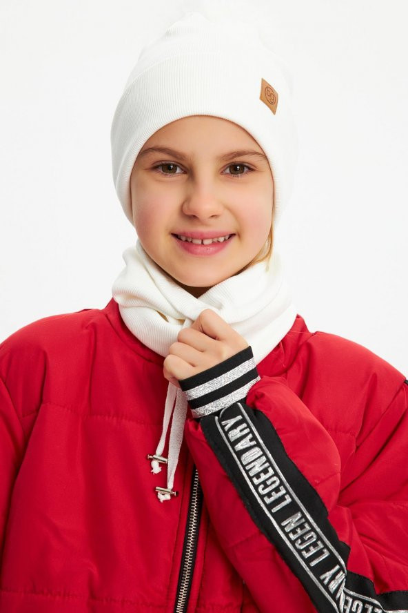 Beyaz Kız  Bebek Çocuk Kürk Ponponlu Şapka Bere Boyunluk Takım Rahat %100 Pamuklu Kaşkorse - 2