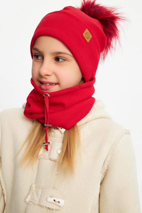 kırmızı Kız  Bebek Çocuk Kürk Ponponlu Şapka Bere Boyunluk Takım Rahat %100 Pamuklu Kaşkorse