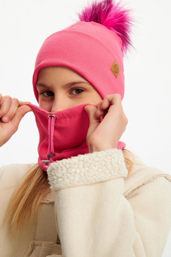 Pembe Kız Bebek Çocuk Kürk Ponponlu Şapka Bere Boyunluk Takım Rahat %100 Pamuklu Kaşkorse - 2