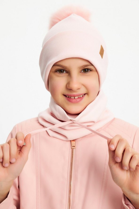Pudra Kız Bebek Çocuk Kürk Ponponlu Şapka Bere Boyunluk Takım Rahat %100 Pamuklu Kaşkorse - 2