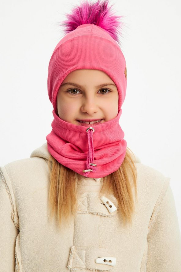 Pembe Kız Bebek Çocuk Kürk Ponponlu Şapka Bere Boyunluk Takım Rahat %100 Pamuklu Kaşkorse - 3