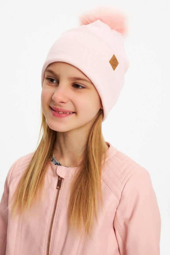 Pudra Kız Bebek Çocuk Kürk Ponponlu Şapka Bere Boyunluk Takım Rahat %100 Pamuklu Kaşkorse - 5