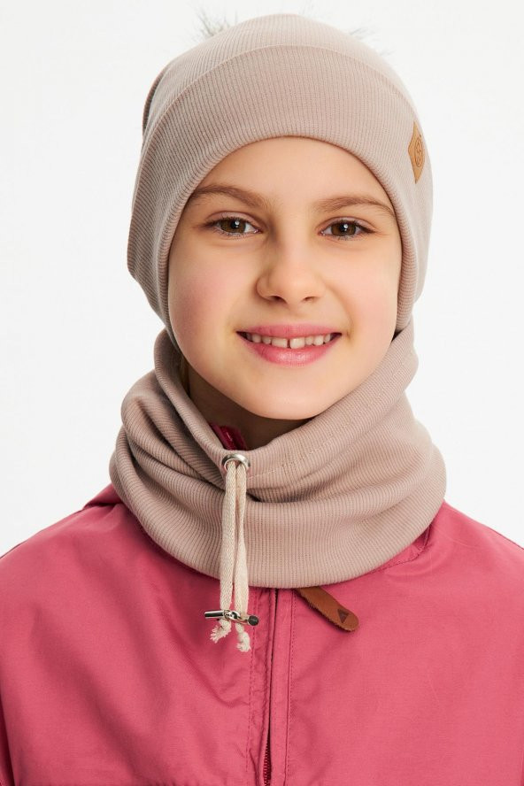 Sütlü Kahve Kız  Bebek Çocuk Kürk Ponponlu Şapka Bere Boyunluk Takım Rahat %100 Pamuklu Kaşkorse - 2