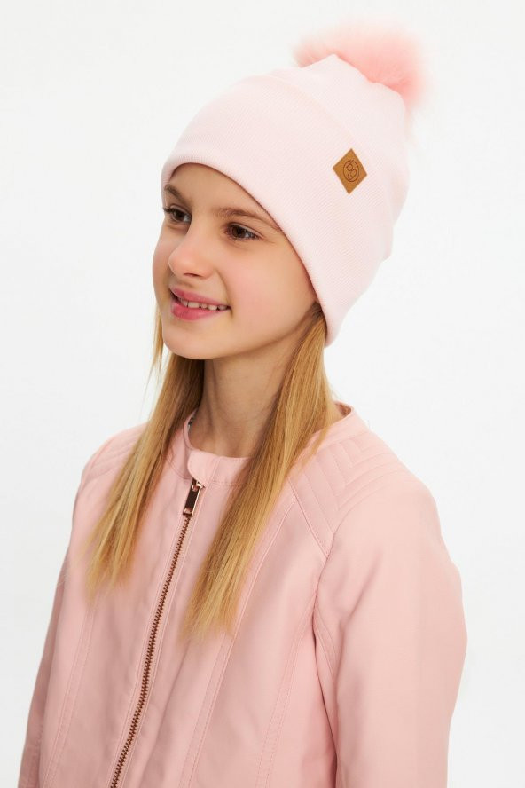 Pudra Kız Bebek Çocuk Kürk Ponponlu Şapka Bere Boyunluk Takım Rahat %100 Pamuklu Kaşkorse - 6