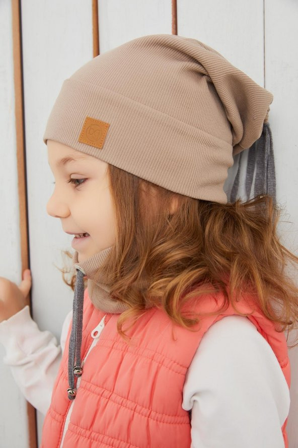Kız Bebek Çocuk Kahverengi İpli Şapka Bere Boyunluk Takım Rahat %100 Pamuklu Kaşkorse Yerli Üretim