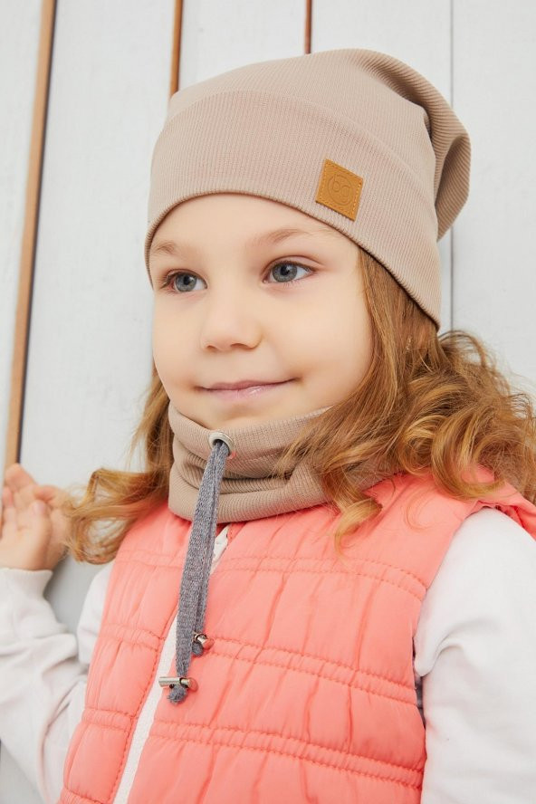 Kız Bebek Çocuk Kahverengi İpli Şapka Bere Boyunluk Takım Rahat %100 Pamuklu Kaşkorse Yerli Üretim - 2