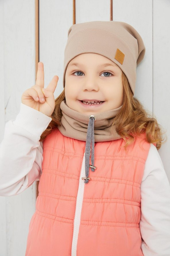 Kız Bebek Çocuk Kahverengi İpli Şapka Bere Boyunluk Takım Rahat %100 Pamuklu Kaşkorse Yerli Üretim - 3