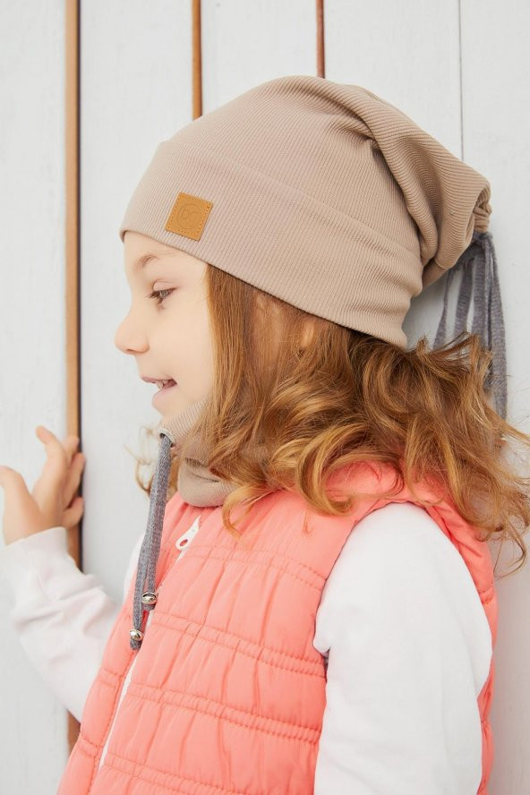 Kız Bebek Çocuk Kahverengi İpli Şapka Bere Boyunluk Takım Rahat %100 Pamuklu Kaşkorse Yerli Üretim - 5