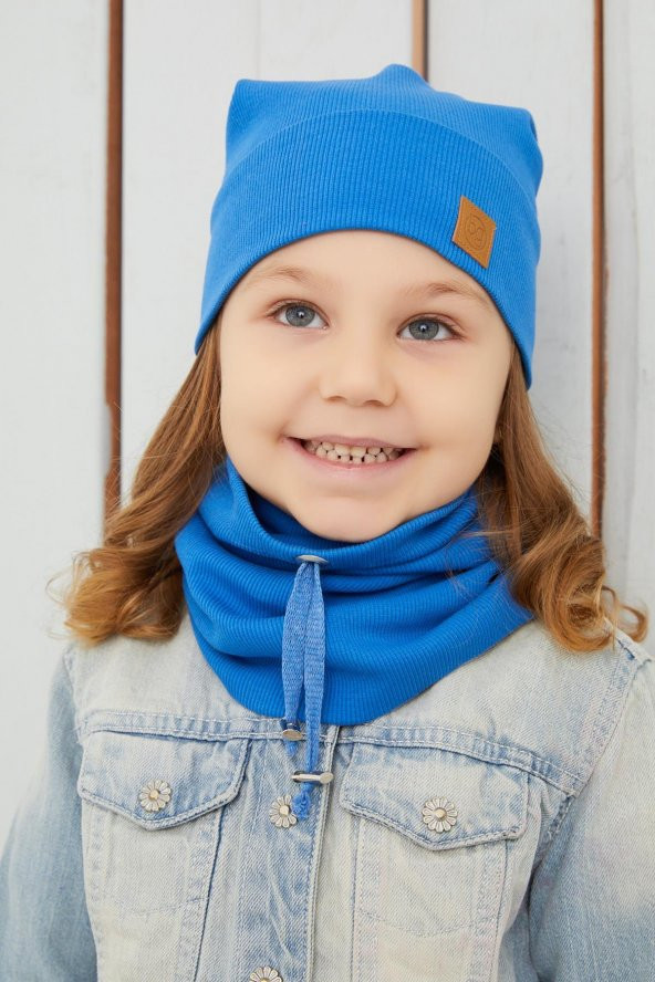 Kız Bebek Çocuk Mavi İpli Şapka Bere Boyunluk Takım Rahat %100 Pamuklu Kaşkorse Yerli Üretim - 2
