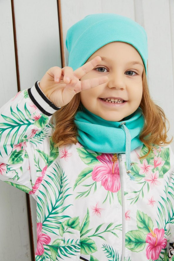 Kız Bebek Çocuk Okyanus Mavi İpli Şapka Bere Boyunluk Takım Rahat %100 Pamuklu Kaşkorse - 7