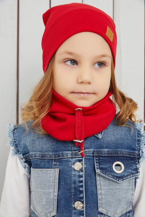 Kız Bebek Çocuk Kırmızı İpli Şapka Bere Boyunluk Takım Rahat %100 Pamuklu Kaşkorse Yerli