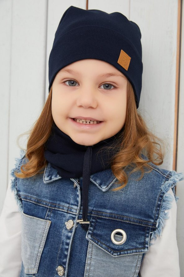 Kız Bebek Çocuk Lacivert İpli Şapka Bere Boyunluk Takım Rahat %100 Pamuklu Kaşkorse Yerli - 2