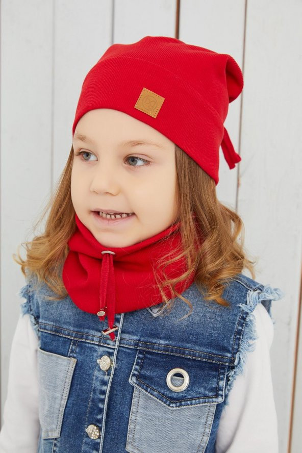 Kız Bebek Çocuk Kırmızı İpli Şapka Bere Boyunluk Takım Rahat %100 Pamuklu Kaşkorse Yerli - 2
