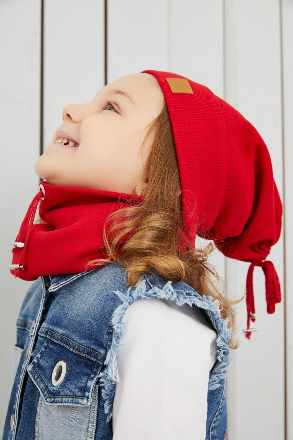 Kız Bebek Çocuk Kırmızı İpli Şapka Bere Boyunluk Takım Rahat %100 Pamuklu Kaşkorse Yerli - 4