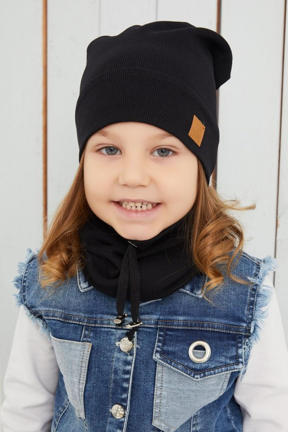 Kız Bebek Çocuk Siyah İpli Şapka Bere Boyunluk Takım Rahat %100 Pamuklu Kaşkorse Yerli Üretim - 5