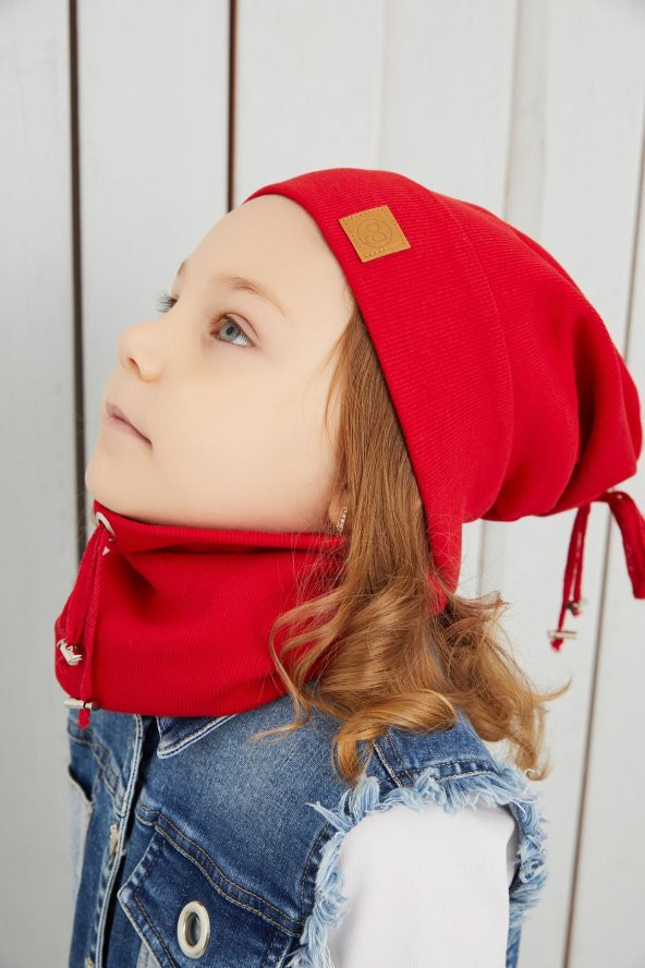 Kız Bebek Çocuk Kırmızı İpli Şapka Bere Boyunluk Takım Rahat %100 Pamuklu Kaşkorse Yerli - 6