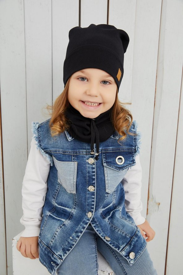 Kız Bebek Çocuk Siyah İpli Şapka Bere Boyunluk Takım Rahat %100 Pamuklu Kaşkorse Yerli Üretim - 7