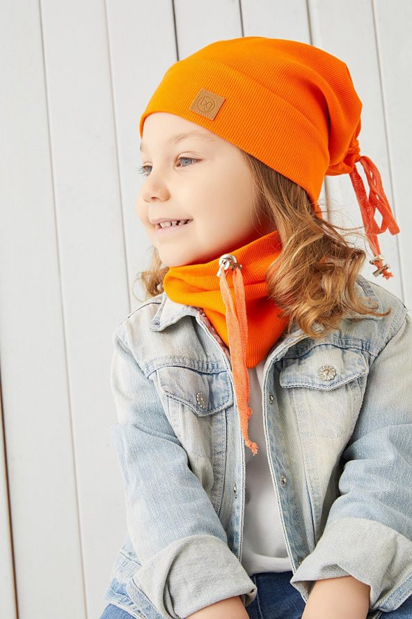 Kız Bebek Çocuk Turuncu İpli Şapka Bere Boyunluk Takım Rahat %100 Pamuklu Kaşkorse Yerli Üretim