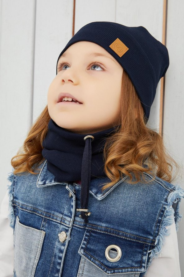 Kız Bebek Çocuk Lacivert İpli Şapka Bere Boyunluk Takım Rahat %100 Pamuklu Kaşkorse Yerli - 6