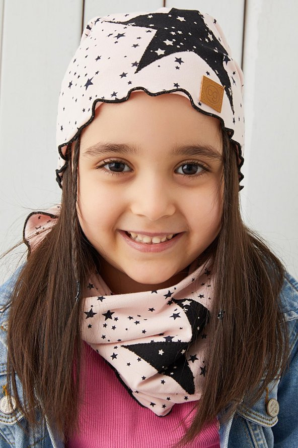 Babygiz Pudra Siyah Çocuk Bebek Bere Boyunluk Set Yumuşak %100 Pamuklu Penye Yıldız Seri