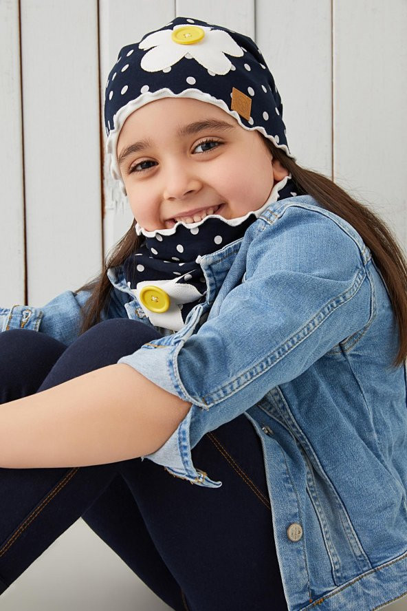 %100 Pamuklu, çift katlı, yumuşak, Penye, Lacivert Beyaz Puantiyeli Kız Çocuk Bebek Bere Boyunluk