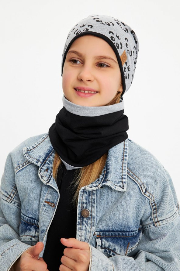 Gri Kız Çocuk Panda Desenli Bere Boyunluk Set yumuşak çift katlı %100 doğal pamuklu penye - 3