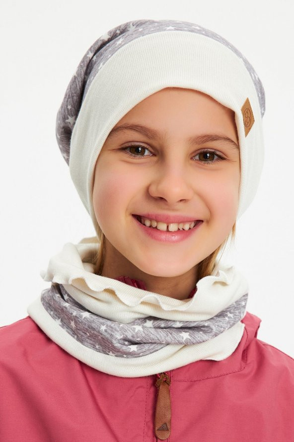 Gri Kız Bebek Çocuk Ponponlu Bere Boyunluk Set yumuşak çift katlı %100 doğal pamuklu - 2