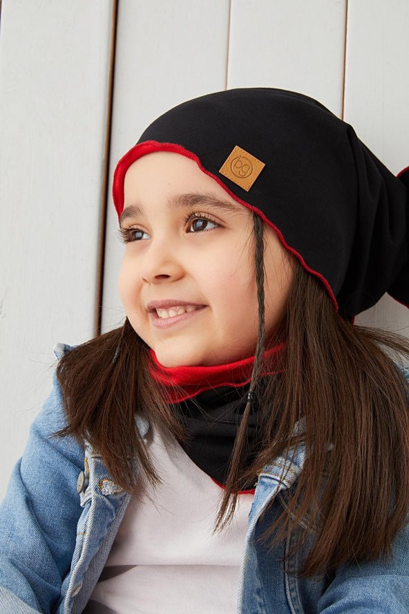 Siyah Kırmızı Çocuk Bebek Bere Boyunluk Set yumuşak %100 pamuklu penye ELİT seri