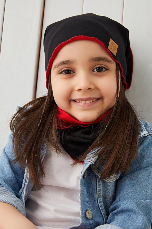Siyah Kırmızı Çocuk Bebek Bere Boyunluk Set yumuşak %100 pamuklu penye ELİT seri - 2