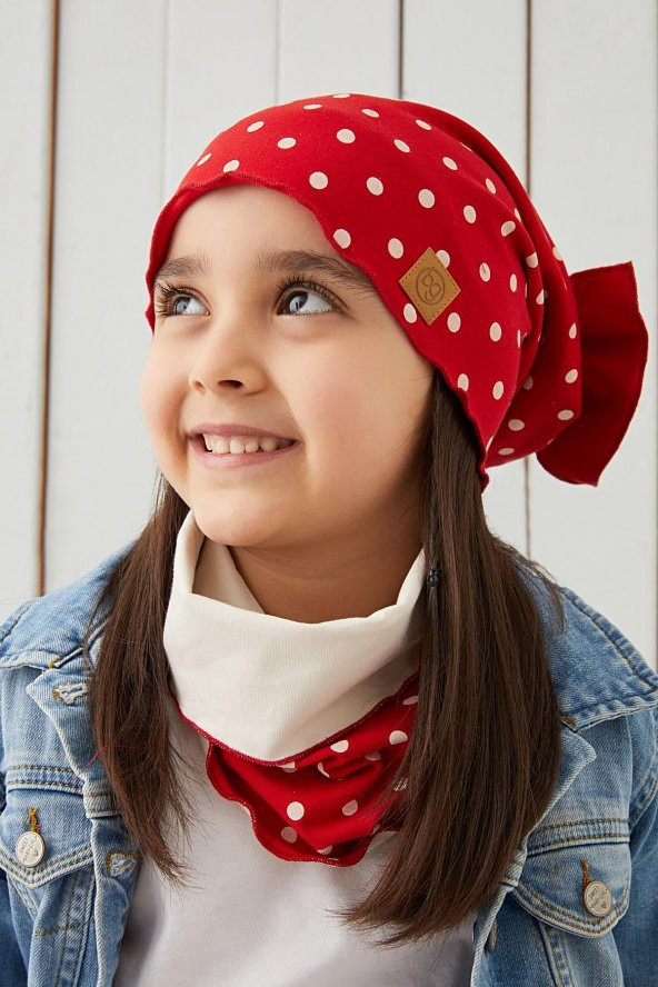 Kırmızı Beyaz Çocuk Bebek Bere Boyunluk Set yumuşak %100 pamuklu penye ELİT seri