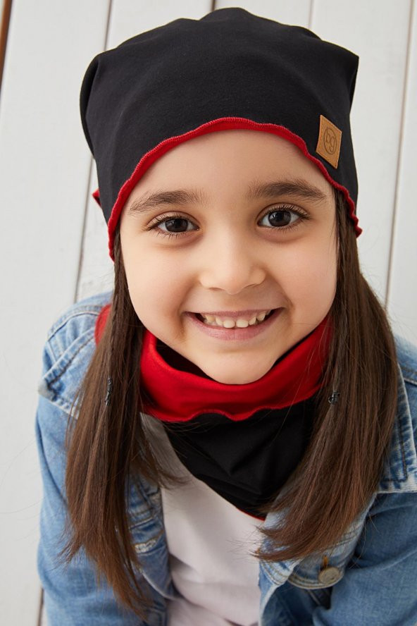 Siyah Kırmızı Çocuk Bebek Bere Boyunluk Set yumuşak %100 pamuklu penye ELİT seri - 3