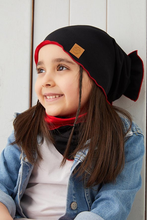 Siyah Kırmızı Çocuk Bebek Bere Boyunluk Set yumuşak %100 pamuklu penye ELİT seri - 4