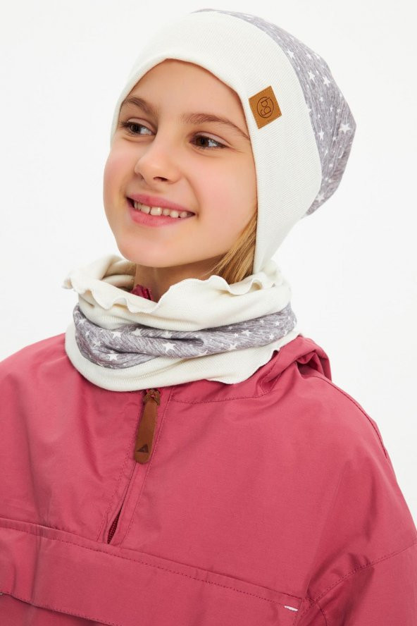 Gri Kız Bebek Çocuk Ponponlu Bere Boyunluk Set yumuşak çift katlı %100 doğal pamuklu - 3