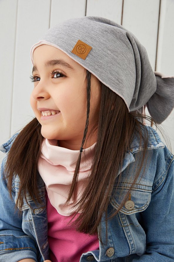 Pudra  Gri Çocuk Bebek Bere Boyunluk Set yumuşak %100 pamuklu penye ELİT seri