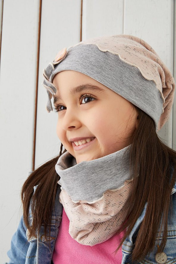 Gri Pudra Çocuk Bebek Bere Boyunluk Set yumuşak %100 pamuklu penye ELİT seri - 1