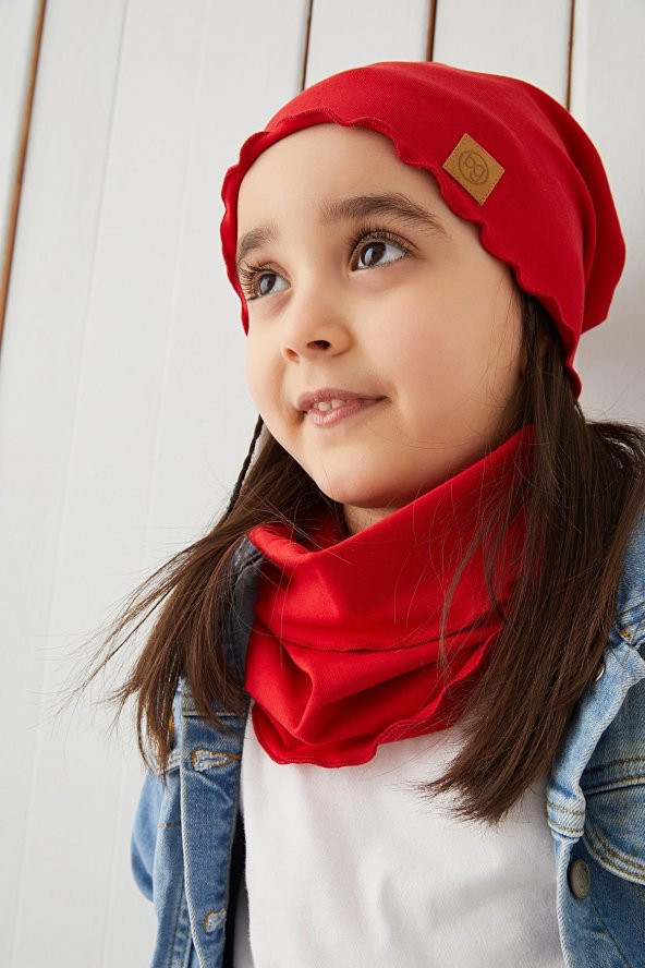 Babygiz Kırmızı Kız Çocuk Bebek Bere Boyunluk Set Yumuşak %100 Pamuklu Penye Trend Seri - 3