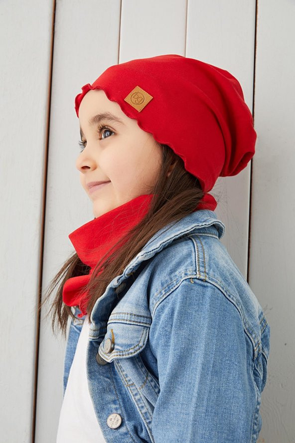 Babygiz Kırmızı Kız Çocuk Bebek Bere Boyunluk Set Yumuşak %100 Pamuklu Penye Trend Seri - 4