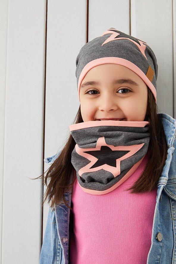 Babygiz Pudra Gri Çocuk Bebek Bere Boyunluk Set Yumuşak %100 Pamuklu Penye Yıldız Seri - 4
