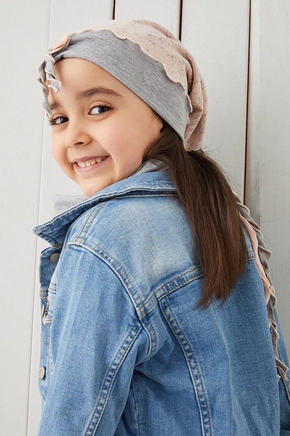Gri Pudra Çocuk Bebek Bere Boyunluk Set yumuşak %100 pamuklu penye ELİT seri - 4