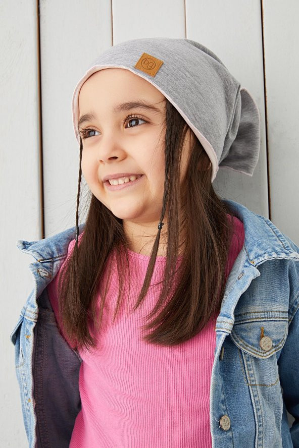 Pudra  Gri Çocuk Bebek Bere Boyunluk Set yumuşak %100 pamuklu penye ELİT seri - 4