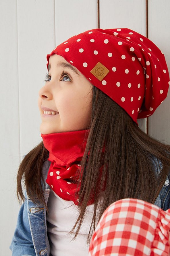 Babygiz Kırmızı Beyaz Kız Çocuk Bebek Bere Boyunluk Set Yumuşak %100 Pamuklu Penye Trend Seri