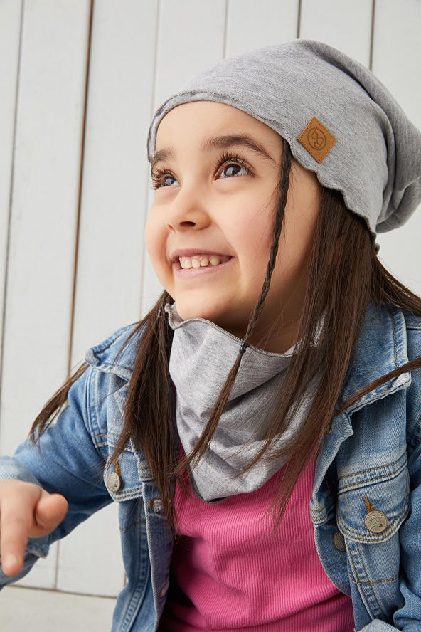 Babygiz Gri Kız Çocuk Bebek Bere Boyunluk Set Yumuşak %100 Pamuklu Penye Trend Seri